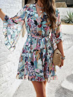 Vestido de primavera y verano para mujer, Media manga, estampado de flores, elegante cuello en V, informal, línea A, hasta la rodilla, cintura alta - details 20