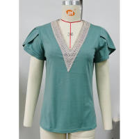 BUNO-2025 Camiseta holgada de manga corta con cuello en V para mujer, Top informal de encaje de Color puro, camiseta holgada cómoda y transpirable para verano - details 69