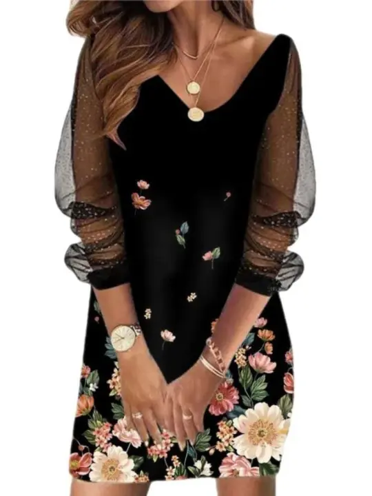 Sexy malla cuello en V lentejuelas estampado ajustado ceñido al cuerpo mujeres manga larga vestido casual elegante Club Vestidos de fiesta - 1