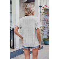 BUNO-2025 Blusas informales para mujer, camisas holgadas de manga corta con cuello de pico de Jacquard bordado a la moda, Tops elegantes de colores sólidos para verano - details 24