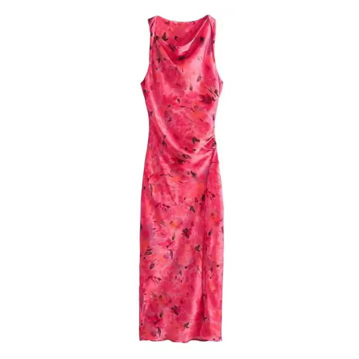 BUNO-Vestido de verano sin mangas con estampado floral vintage para mujer, vestido midi elegante de satén con abertura, cuello descubierto, fiesta de invitados de boda, novedad de 2025 - 1