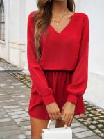 Minivestido informal de manga larga con cuello en V para mujer, color sólido, 2025 - details 13