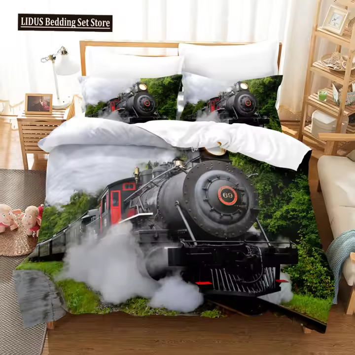 Juego de funda nórdica con motor de vapor, humo negro, locomotora Vintage, imagen de tren, tamaño King Queen para niño y niña, juego de cama de poliéster - 1