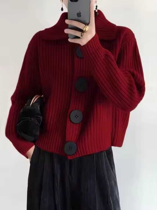 Cárdigan de lana suave para mujer, chaqueta con cuello grande con botones, suéter de punto acanalado - 1