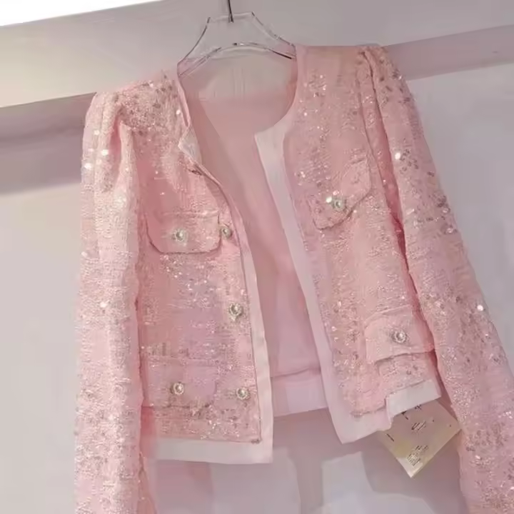 Chaqueta Chic de Lentejuelas Estilo Coreano para Mujer Primavera 2024 Versátil, Delgada, Manga Larga, Moda Socialita - 1