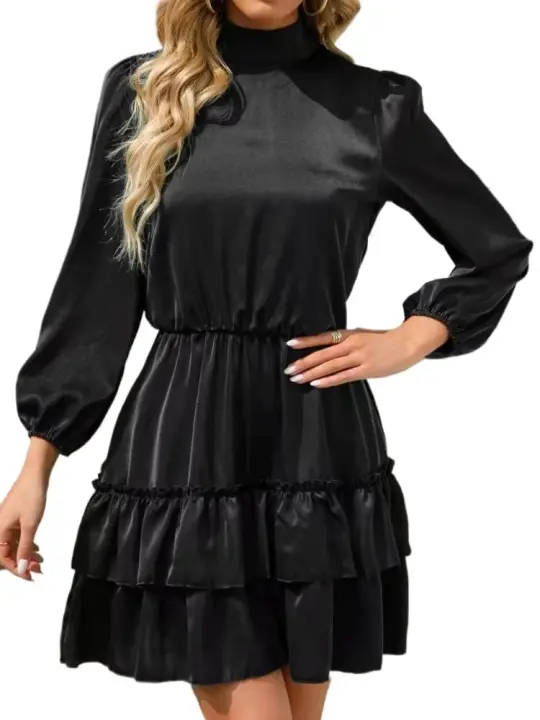 Elegante Vestido de Satén con Cinturón Rojo con Volantes Manga Larga, Elegante y Sensual para Mujeres - 1