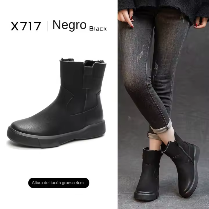 Botas de nieve gruesas integradas de cuero, botas de mujer de caña baja con suela gruesa, zapatos de mujer de terciopelo versátiles - 1