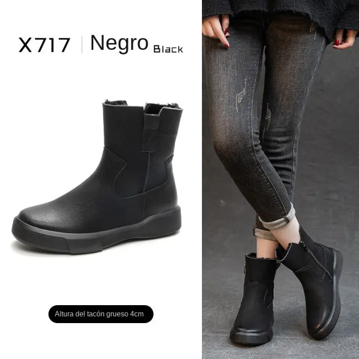 Botas de nieve gruesas integradas de cuero, botas de mujer de caña baja con suela gruesa, zapatos de mujer de terciopelo versátiles - 1