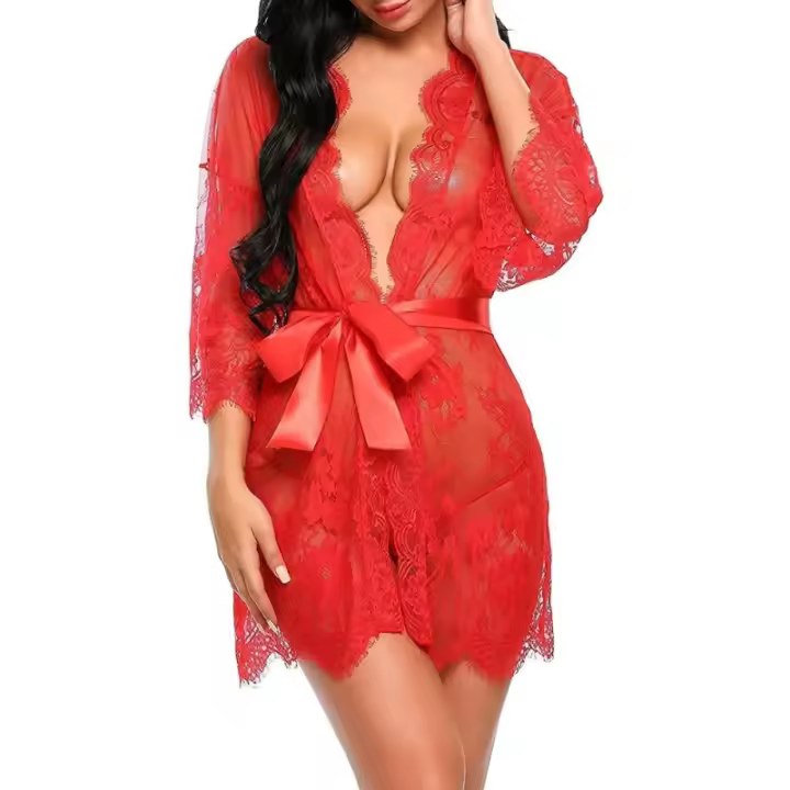 Mujer Bata Kimono Encaje Dormir Babydoll Camisón Malla y Tanga Conjunto y Cinturón Nuevo Caliente - 1