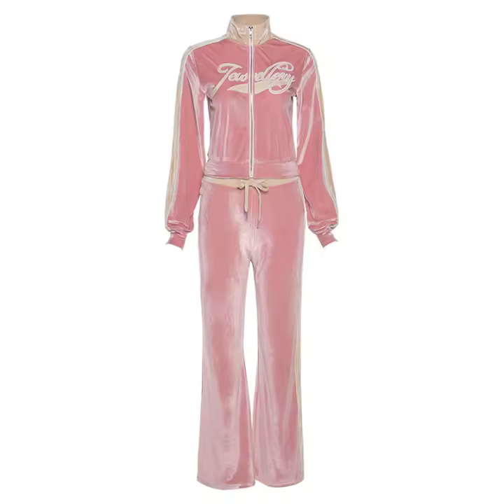 Chaqueta bordada con letras de empalme para mujer, conjunto de Pantalones rectos de cintura alta, ropa informal, colores contrastantes, Otoño e Invierno - 1