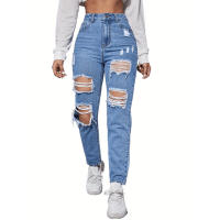 Pantalones vaqueros rasgados de cintura para mujer Pantalones casuales para mamá - details 3