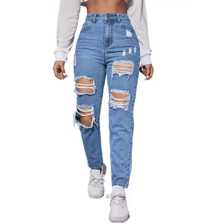 Pantalones vaqueros rasgados de cintura para mujer Pantalones casuales para mamá - 1