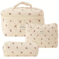Bolsa de maquillaje acolchada de algodón, neceser grande de viaje para cosméticos, bonito neceser Kawaii Floral, 3 piezas - details 1
