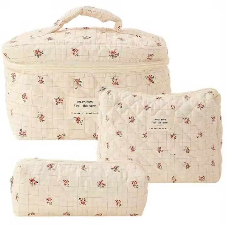 Bolsa de maquillaje acolchada de algodón, neceser grande de viaje para cosméticos, bonito neceser Kawaii Floral, 3 piezas - 1