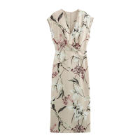 OUWU- Vestido Midi De Satén Con Estampado Floral Para Mujer De, Escote En V, Mangas Cortas, Detalles Plisados, Abertura En La Espalda, Cremallera Invisible, Vestido De Primavera Y Verano, Nueva Falda Elegante Informal - details 1