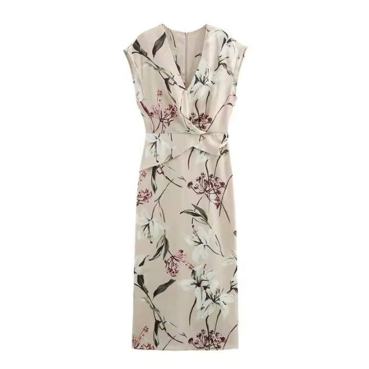 OUWU- Vestido Midi De Satén Con Estampado Floral Para Mujer De, Escote En V, Mangas Cortas, Detalles Plisados, Abertura En La Espalda, Cremallera Invisible, Vestido De Primavera Y Verano, Nueva Falda Elegante Informal - 1
