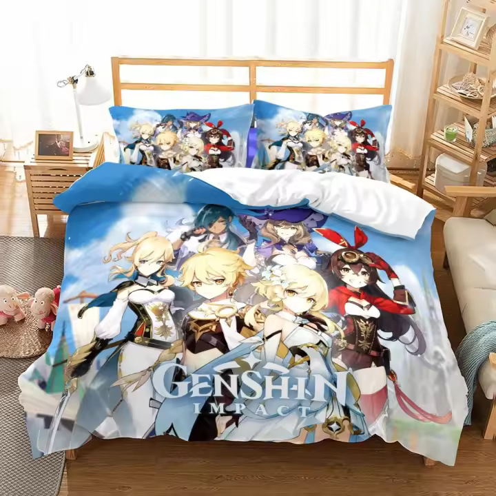Conjunto de Cama Genshin Impact Funda de Almohada de Dibujos Animados Japoneses 3D - 1