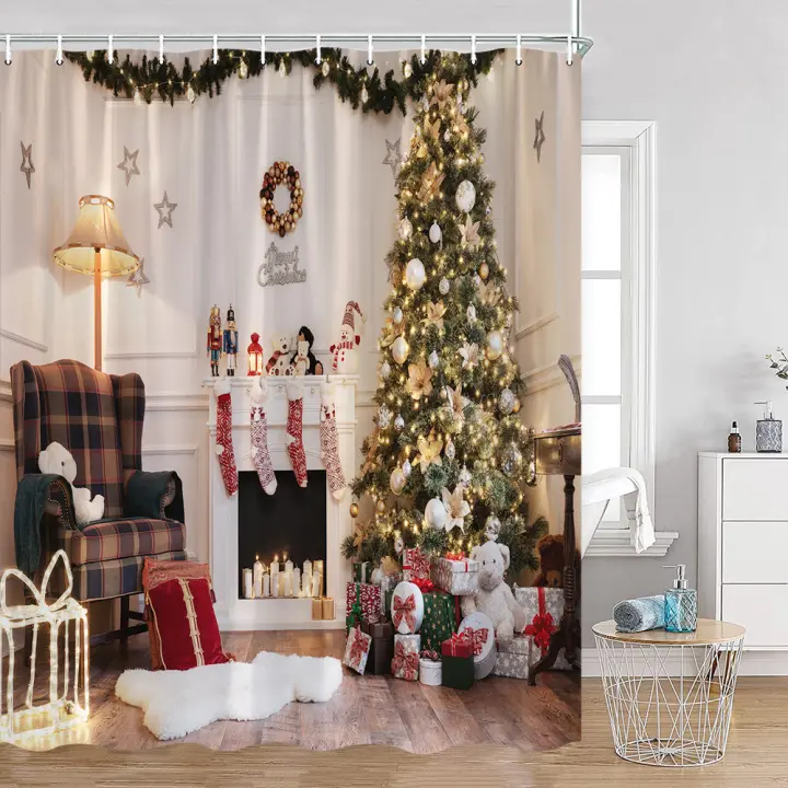 Cortina de Ducha de Navidad Cálida Diseño de Árbol Rosa Material de Poliéster - 1