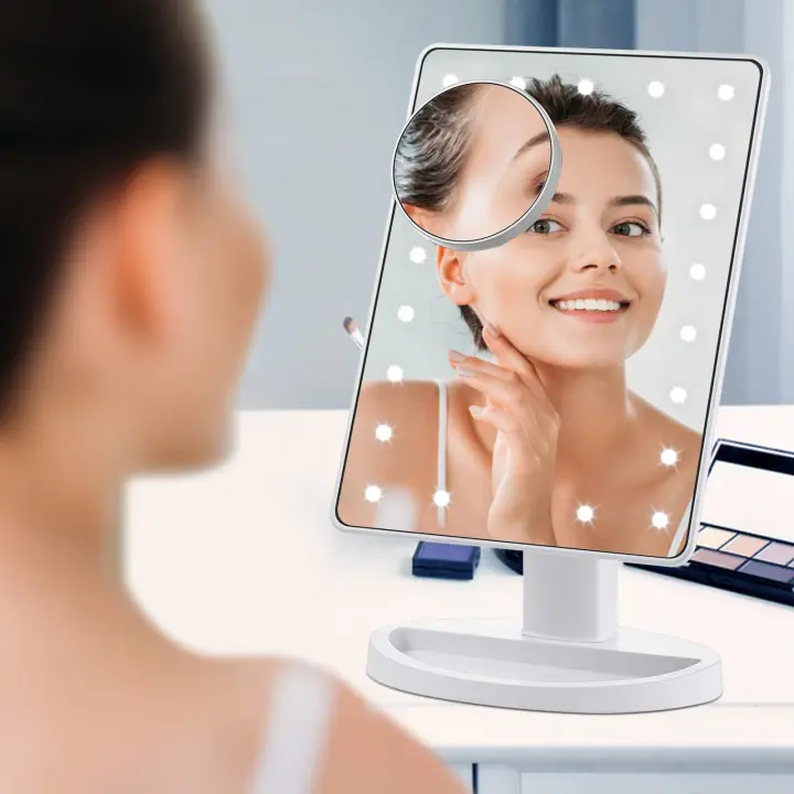 LZ1217 Espejo de Maquillaje con 16 Luces LED, Espejo de Aumento 1X/10X, Espejo de Tocador con Pantalla Táctil, Espejo de Maquillaje Rotatorio 180°, Doble Fuente de Energía - Regalos Originales para Mujeres. - 1