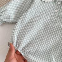 Ready Stock Mono para recién nacidos, pelele elegante a cuadros con cuello Peter Pan y cordón de manga larga para niñas de 0 a 2 años - details 6