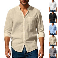 Camisa de lino de primavera y otoño, manga larga, cuello alto, transpirable, pegatina informal, camisa de bolsillo, hombres - details 1