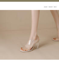 Transparente tacones altos verano cuero nueva celebridad de Internet versátil zapatillas exteriores con falda cristal grueso tacón sandalias mujeres - details 10