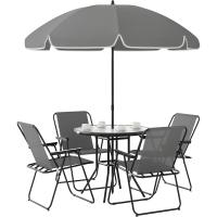 Conjunto de Mesa y Sillas de Jardín al Aire Libre de 6 Piezas Muebles de Jardín con 4 Sillas Plegables Mesa de Vidrio y Parasol para Patio Terraza Gris - details 0