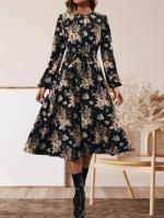 Vestido floral pequeño con cuello redondo y mangas largas con cordones y cintura - details 3