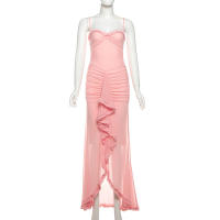 BUNO-vestidos de fiesta de malla irregulares, novedad de 2024, vestido ceñido con tirantes finos, vestido largo fruncido a la moda para mujer - details 36