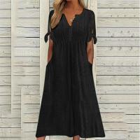 Elegante Vestido de Manga Corta con Cuello Redondo Color Sólido, Moda Casual con Bolsillos y Botones - details 25