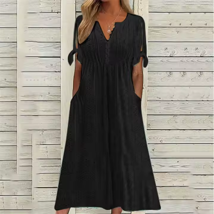 Elegante Vestido de Manga Corta con Cuello Redondo Color Sólido, Moda Casual con Bolsillos y Botones - 1