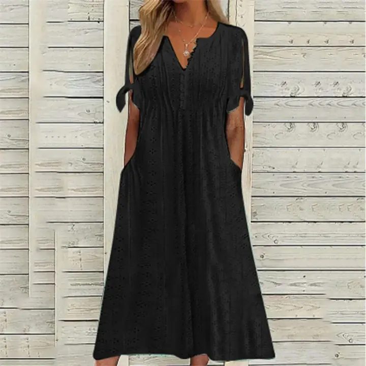 Elegante Vestido de Manga Corta con Cuello Redondo Color Sólido, Moda Casual con Bolsillos y Botones - 1
