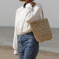 Bolso de Playa de Paja Tejido con Diseño de Flor Hueca Ligero, Duradero, Cierre de Cremallera, Perfecto para Fiestas de Verano y Salidas - details 5