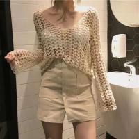 Top de punto bordado con corazón de crochet de manga larga transparente para mujer, suéter bohemio, trío de playa de verano - details 1