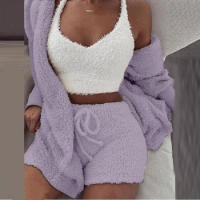 Suéter para mujer, artículos para el hogar, pijama informal de 3 piezas, chaleco de manga larga con ombligo, ribete de pantalones cortos, invierno - details 5