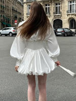 Vestido blanco nuevo de invierno versátil con mangas farol de satén Design Sense - details 5