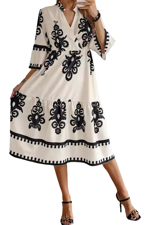 Elrachen Vestido midi holgado de manga 3/4 con estampado geométrico occidental para mujer, beige, tallas S-XL - 1