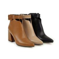 Botines de tacón alto con cremallera abierta en forma de V y correa con hebilla grande y puntiagudos elegantes de cuero marrón para mujer - details 3