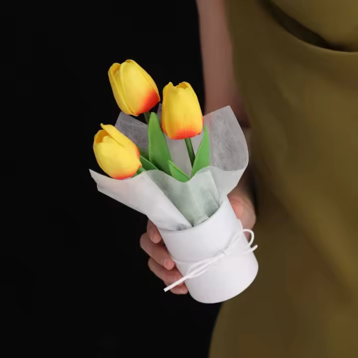 Ramo de tulipanes artificiales realistas portátiles, flor de tulipán de simulación de PU con cubo, ramo de flores falsas, adornos montados en el coche - 1