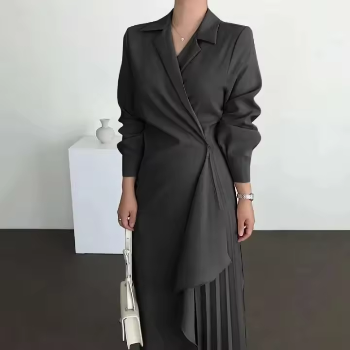Elegante Vestido Largo con Pliegues para Mujer 2024 Traje de Oficina de Color Sólido Elegante - 1