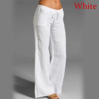 Pantalones de pierna ancha de lino y algodón para mujer, pantalón largo recto con cintura elástica y cordón, holgado e informal, con bolsillos lisos - details 2