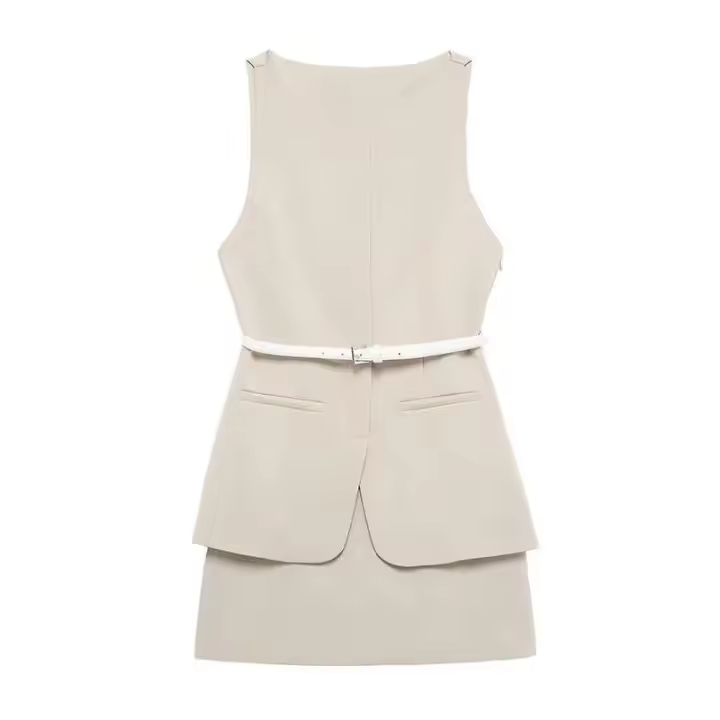Mini vestido informal para mujer, cinturón ajustado, primavera verano, cuello redondo, Top sin mangas, falda por encima de la rodilla, conjuntos de mujer Vintage falso de dos piezas - 1