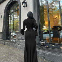 BUNO-vestido acanalado para Mujer, vestido clásico elegante con volantes, manga larga, cuello redondo, vendaje, vestido largo de sirena, Vestidos de calle alta para Mujer - details 6