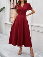 Primavera Verano elegante cintura con cuello en V Color sólido vestido de manga corta moda mujer - details 9