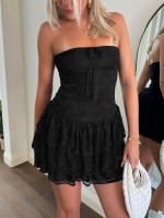 Vestido informal con gradas para mujer, falda de tubo con bordado de encaje halter sin mangas en negro - details 2