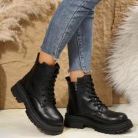 Botas de moto de cuero Pu para mujer, botas de tobillo cálidas con cordones de felpa, tacón plano beige negro, botas de algodón antideslizantes, invierno - details 14