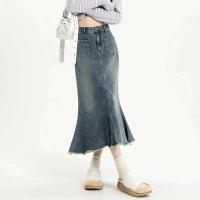 Nuevo diseño de nicho retro de cintura alta para mujer, falda de cola de pez, falda vaquera de corte acampanado de longitud media - details 5