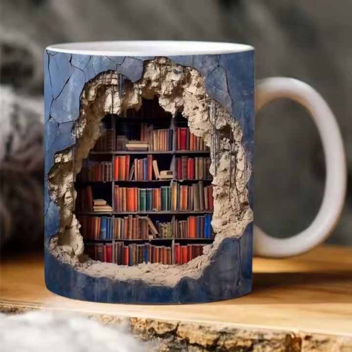 Taza de estantería 3D, taza de estante de biblioteca, diseño creativo del espacio, tazas multiusos, tazas blancas, amantes de los libros, taza de café - 1