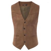 Chaleco de traje de cuero de gamuza para hombre, chaleco informal occidental con cuello en V, solapa con botones a presión, chaqueta sin mangas - details 13