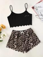 Conjunto de Pijama Estampado de Leopardo para Mujer Lencería Sexy, Ropa de Dormir con Cuello en V, Top Sin Mangas y Pantalones Cortos - details 1